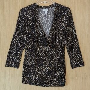 Chicos Faux Wrap Top Animal Leopard Chic Bodycon Feminine Medium 3/4 Sleeve
